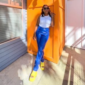 Blue Leather High Waisted Pants